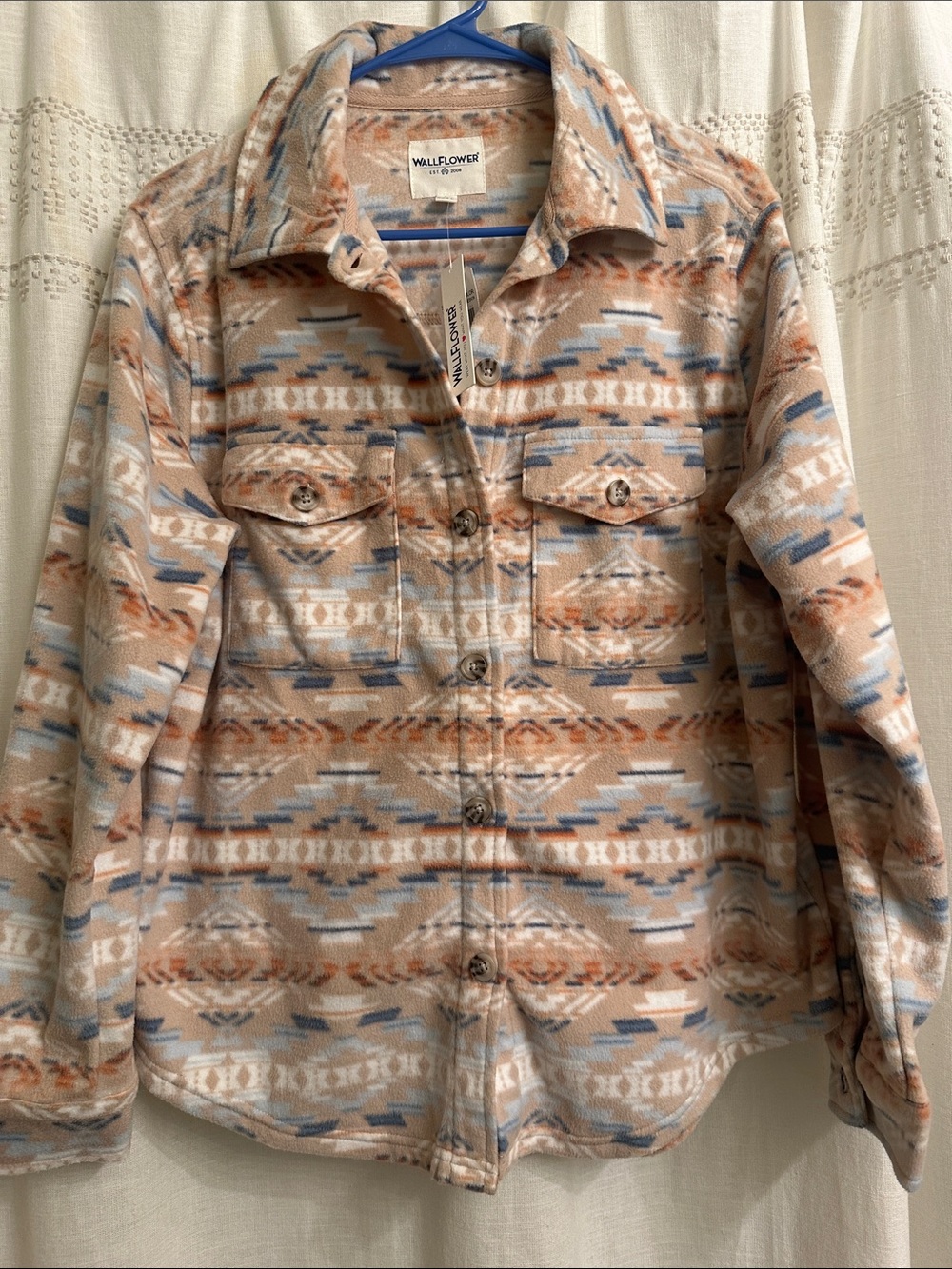 Wallflower Beige Aztec Fleece Shacket with Blue & Brown Accents